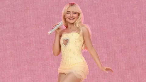 Getty Images Sabrina Carpenter performing on stage, wearing a yellow dress in front of a pink background