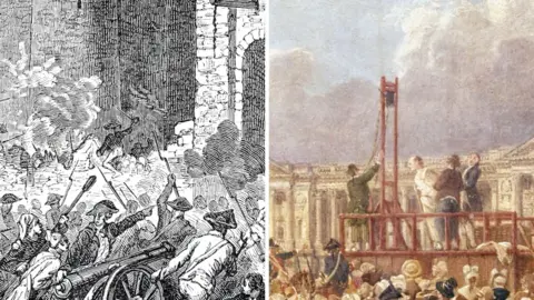 Left, an etched drawing of the French Revolution. Right, a painting of the guillotine.
