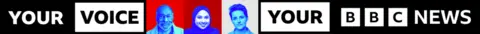 BBC Your Voice, Your BBC News logo banner image in black and white with head and shoulder shots of people coloured blue against a red background.