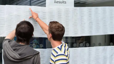 A pair of students - one wearing a grey hoodie and the other a blue, white and yellow stripy t-shirt - run their fingers along papers showing exam results at their school.