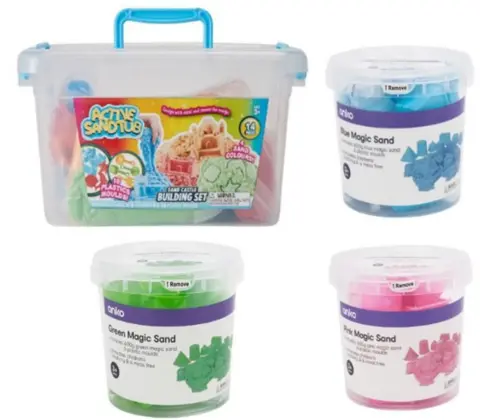 The Australian Competition & Consumer Commission A picture of four different children's play sand products. In the top left corner is one that reads "Active Sandtub" and also says "Sandcastles building set". On the top right is a tub of "blue magic sand". On the bottom right is a clear tub of "pink magic sand". In the bottom left is a tub of "green magic sand".