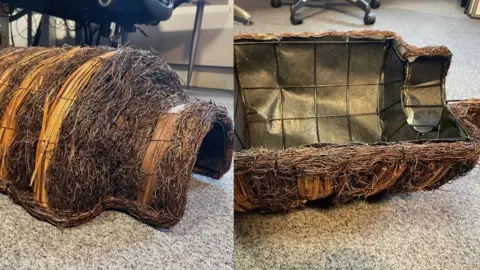 A composite photo of the hedgehog hut to give readers an idea of ​​what it looks like inside and out. In the photo on the left you can see the igloo shaped structure and in the photo on the left you can see the wire frame inside