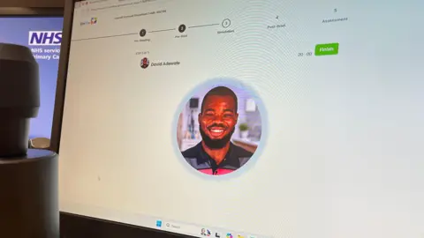 A computer screen showing a picture of someone's face, which looks real but is AI in a circle in the middle of the screen. Above are numbers showing the stage of assessment someone might be at.