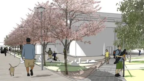 Renfrewshire Council An artist's impression of the new plaza, showing people walking around the new paths and passing through greenspace