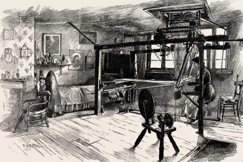 Getty Images Illustration of a weaver working at a large wooden silk loom with a window in the background and bed and fireplace to one side