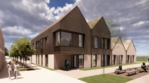 Artists' impression of a new doctor's surgery called Wixams Medical Centre. It has several windows; has two floors and is light brown on lower floor and and dark brown in colour on the upper floor. There are people walking and sitting on benches outside.