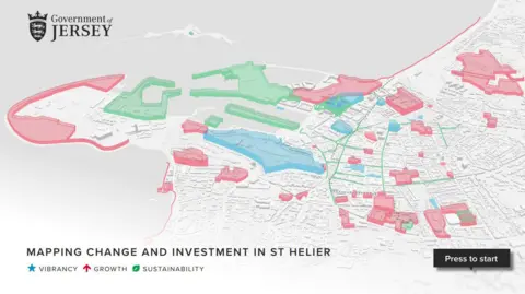 A 3D map of St Helier in Jersey. Areas on the map are coloured red - for growth, green - for sustainability, and blue - for vibrancy.
