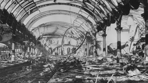 SSPL/Getty Images York Railway Station covered in debris after a bombing.