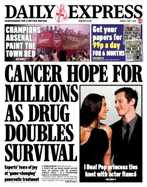 The Daily Express headline reads 'Cancer hope for millions as drug doubles survival'