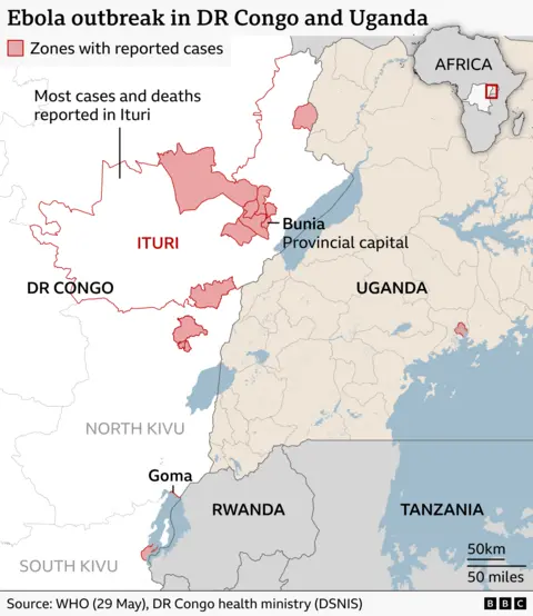 A BBC Map titled “Ebola outbreak in DR Congo and Uganda” showing eastern Democratic Republic of Congo and neighbouring countries Uganda, Rwanda and Tanzania. Areas with reported cases of Ebola are shaded in red, with the largest concentration in the eastern DR Congo province of Ituri. A label notes: “Most cases and deaths reported in Ituri.” Bunia, the provincial capital of Ituri, and near Lake Albert on the Uganda border, is marked as one of the areas with reported cases. Smaller affected zones are also shown in the provinces of North Kivu and South Kivu and one in western Uganda. An outbreak in Goma is labelled in the south of North Kivu on the edge of a lake and near the border with Rwanda. The source for the data on ebola cases is WHO (29 May) and DR Congo health ministry.