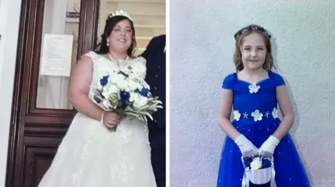 Supplied A composite image of Natalie McDonald and Valentina Foster. McDonald is wearing a white wedding dress with a tiara perched on her head. She has long dark hair and is holding a bouquet of white roses with four blue ones dotted within it. Valentina wears an electric blue dress with white flowers on the neckline and waist. She has long light brown hair with a blue and white headband. She is holding a small white basket with white and blue roses and she wears white gloves. 