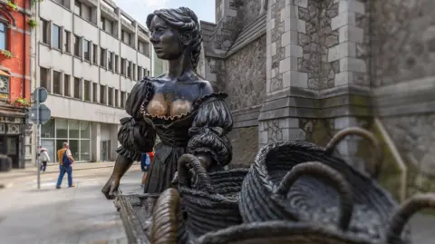 Artem Bolshakov/Getty Images The bronze statue of Molly Malone in St Andrew's Street in Dublin.  The artwork depicts a young woman in historical dress holding a wheelbarrow full of baskets.  The outfit exposes part of the sculpture's breasts which now appear gold in colour rather than dark bronze.  