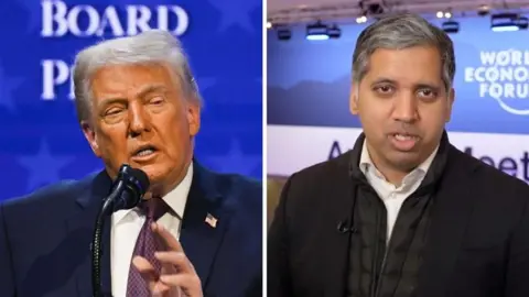 Split screen image showing President Donald Trump speaking into a microphone with a blue background and on the right, the BBC's Faisal Islam. 