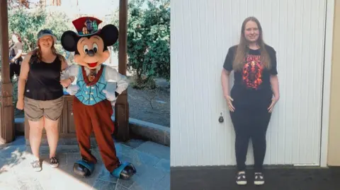 Hannah Long Side by side photo of Hannah Long. On the left image, Hannah stands with Mickey Mouse dressed up in a blue and red suit. She wears a black vest and khaki cargo shorts. On the right, Hannah stands in front of a garage door. She wears black leggings and a black t-shit. 