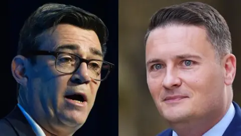 A split image of Andy Burnham and Wes Streeting. Burnham is wearing a white shirt, a dark coloured jacket and glasses. Streeting is wearing a white shirt and a blue jacket.