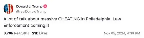 Truth Social Trump post on Truth Social claiming there is "massive cheating" 