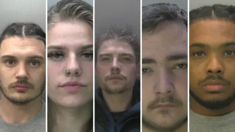 A compilation photo of five people. Four of them are men. One is a woman. They are a range of ages and ethnicities. 