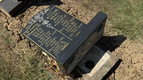 Phillip Norton/BBC The black gravestone with gold writing. It has the names "Hilda Wray" and "William Wray" as well as the details of the ages and date of death. The stone has been laid on the ground with soil and grass patches surrounding it.