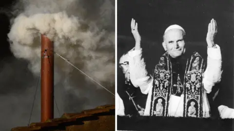 A composite image showing a smoking chimney on the left and a man with raised hands on the right.