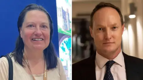 Two head-and-shoulders portrait photographs displayed side by side against a light grey background. One image shows a woman wearing a light-coloured top and lanyard before a blue backdrop; the other shows a man in formal business attire indoors.