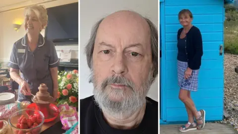 Three separate images of three different people. Two women. One man. They are elderly. 