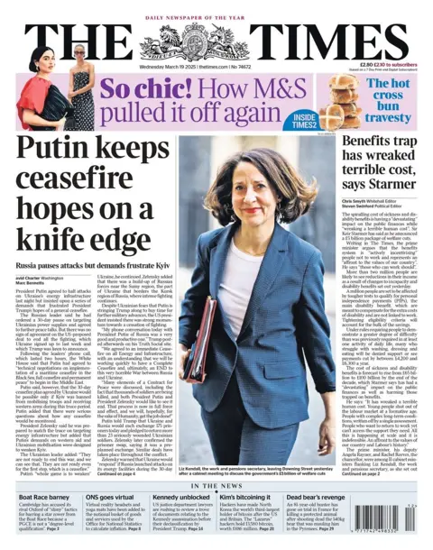 Front page of the Times for Wednesday 19th March 2025. 