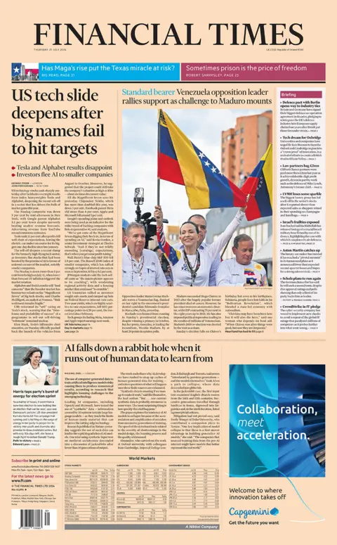 Headline of the Financial Times reads: US tech slide deepens after big names fail to hit targets