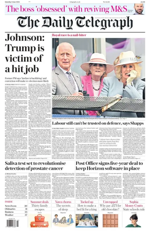 The headline in the Daily Telegraph reads: Johnson: Trump is victim of hit job