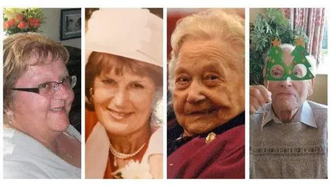 Left to right: Susan Skinner, Jean May, Stanislawa Koch and Ronald Bampfylde. Ms Skinner is seen with short blonde hair, brown eyes and glasses. Ms May is wearing a light pink hat with short brown hair and is smiling. Ms Koch is smiling at the camera with short white hair in a maroon top. Mr Bampfylde is holding up a pair of Christmas tree glasses and has white hair and a grey jumper.