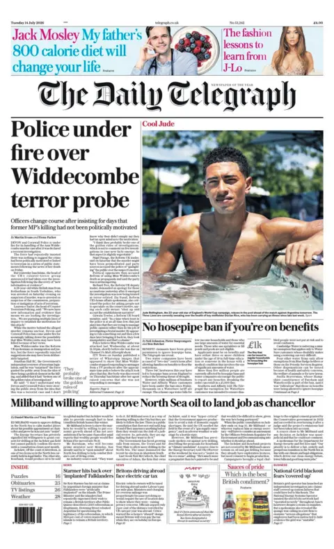 The headline on the front page of the Daily Telegraph reads: “Police under fire over Widdecombe terror probe”.