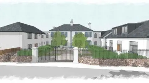 An artist's impression of the care home with three blocks of two-storey white buildings facing into a courtyard with a gate in front and trees and other green vegetation in front of the buildings.