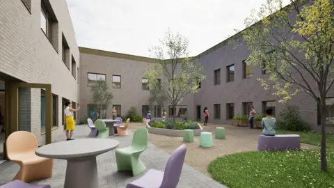 Bradford District Care NHS Foundation Trust rtist's impression of what an outdoor space on the redeveloped Lynfield Mount Hospital site could look like. The photo depicts a garden space with trees, tables and numerous colourful chairs for people to sit on.