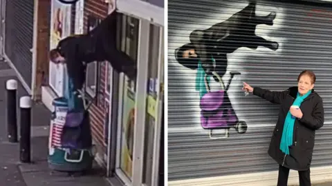On the left is a CCTV grab of a woman hanging mid air, her coat caught ina shop front shutter/ On the right, the same woman, with short red hair and a black coat, is stood in front of the shutter, pointing at a painting on the shutter depicting her hanging, holding onto a purple shopping trolley.