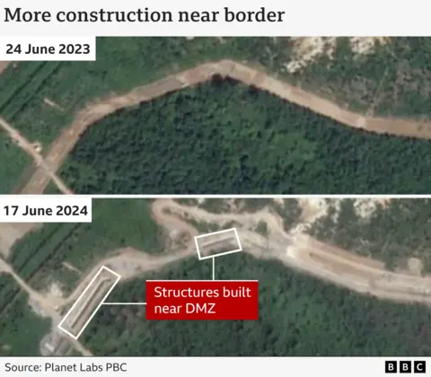 Two satellite images showing before and after the construction of what appears to be a section of the wall near the North Korean border
