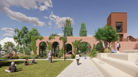 Spacehub A digital visualisation of the new park, with a stepped seating area, lawn area and archways ina red brick wall. There are people wandering about and a number of trees around the space.
