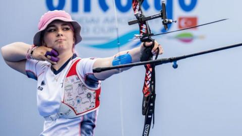 Penny Healey competing for Great Britain during the Archery World Cup in Antalya, Turkey, in April 2023