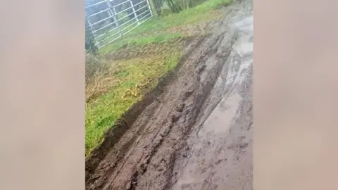 Jayne Brearley Churned up mud can be seen on the grass verge and the road next to a gate.