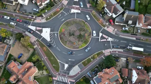 Aerial picture looking down on the Milton Road roundabout.