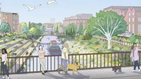 Sheffield City Council Am animated picture showing people walking dogs on a bridge over a narrow canal.