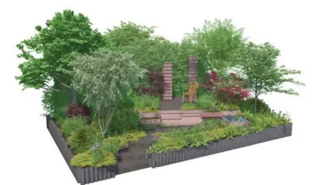 Plant Heritage A sketch of a garden with several trees and a crafted tree sat in a clearing.