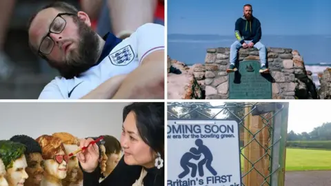 A collage of some of the images that relate to the stories in the round up. The top left image is of a man in an England shirt asleep, the bottom left is a woman paining celebrity sculptures, the top right is a man sitting on a wall, the bottom right is a sign on a fence. 