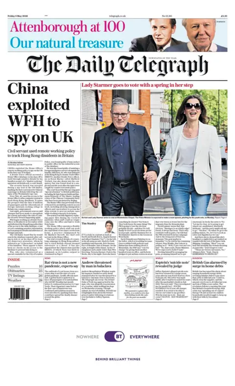The headline on the front page of the Daily Telegraph reads: “China exploited WFH to spy on UK”.