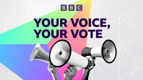 BBC The BBC logo in purple with Your Voice, Your Vote underneath and three megaphones being held in three hands in front of a purple, green, red and grey background.