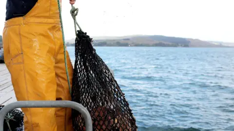 Generic image of a person wearing yellow waterproof fishing waders, standing on a pier and holding a green rope with a black fishing net containing fish with a loch and hills in the distance