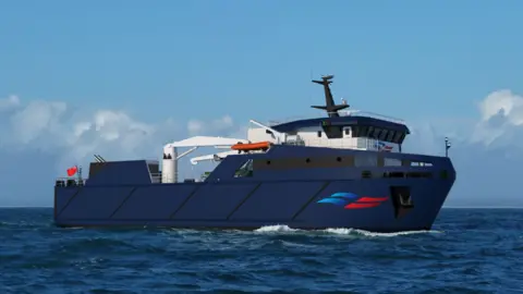 An impression of a blue boat at sea with a telehandler and a cockpit aforeships and a logo coloured blue and red on the forward starboard side of the hull and a red ensign fluttering from the aft end of the vessel.