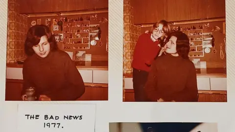 contributed Page of a scrapbook showing two square snapshots one of Peter in a brown/orange 1970s room looking down and holding a mug, another of Peter sitting down and smiling with a young family member. A caption says 'The Bad News 1977'