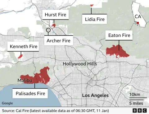 California map showing in red the areas of the six active fires as of 6:30 GMT, 11 January: the Palisades Fire, the Eaton Fire, the Kenneth Fire, the Hurst Fire, the Lidia Fire and the Archer Fire. Los Angeles, Malibu and Hollywood Hills are also labelled up for reference.