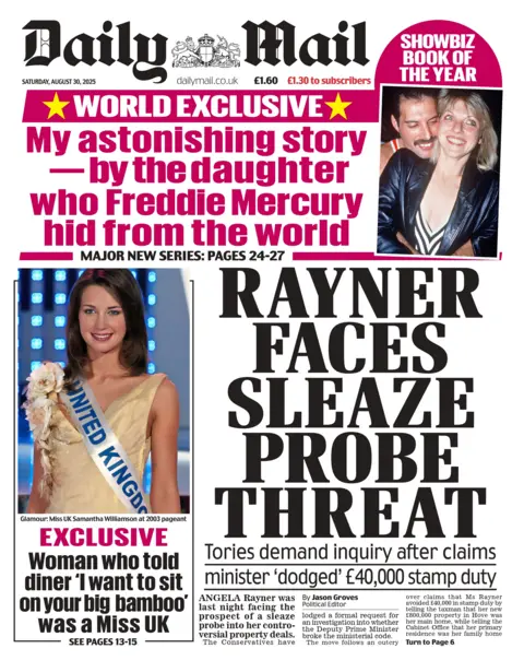 The headline on the front page of the Daily Telegraph reads: "Rayner faces sleaze probe threat".
