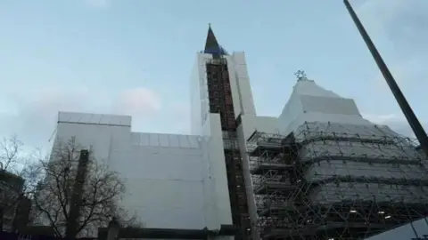 BBC Scaffolding and covers on the exterior of Manchester's Town Hall. 