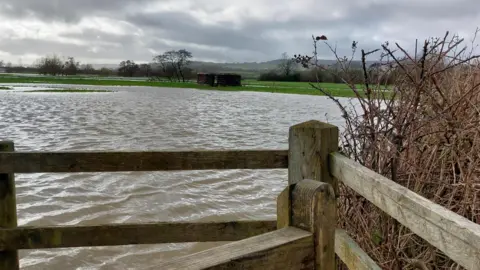 BBC Weather Watchers/Ant and Bee The picture shows a flooded field with water stretching across the landscape and reaching right up to a wooden gate in the foreground. The water looks deep enough to cover the grass entirely, and the surface is rippled by the wind. Beyond the floodwater, there are trees and open farmland under a heavy, grey sky. 